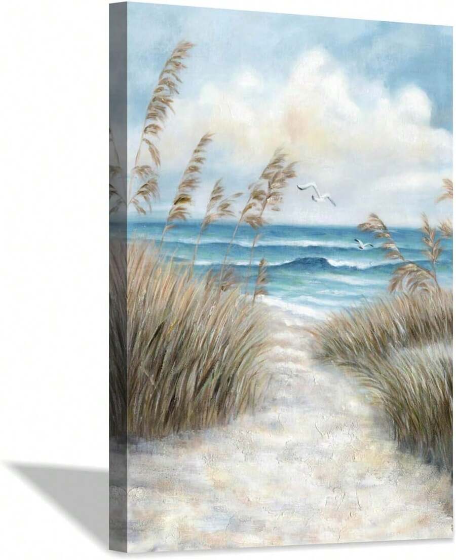 1 Piece Hardy Gallery Seascape Canvas Abstract Wall Art Painting With Frame, Beach Path Leading To The Sea Abstract Coast Print Aesthetics, Suitable For Living Room, Bathroom, Bedroom, Apartment, Resort, Villa, Classroom, Hallway, Studio, Study, Dormitory, Home Office Decoration, Can Be Hung Directly. - 自然風景 - 查看 1