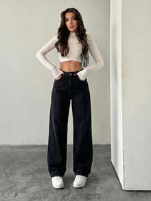 Women's Waist Buckle Design Pockets Loose Wide Leg Casual Denim Jeans - Black - View 2