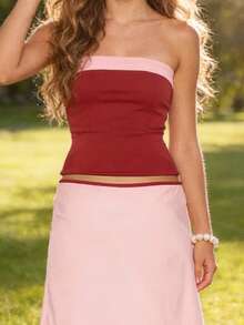 Women Tube Tops Summer Contrast Colors Folded Backless Off-Shoulder Bandeau Backless Shirts For Streetwear - Red - View 10