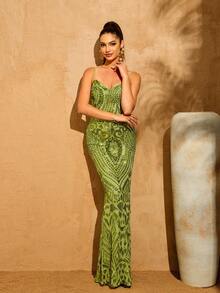 LOVE&LEMONADE Đầm dạ hội dài màu xanh lá cây đính sequin, gợi cảm, dây mảnh, cổ chữ V, hở lưng, thắt dây chéo (phần trên nửa trước, phần sau họa tiết hoa ngẫu nhiên, không trùng khớp) dành cho tiệc tùng - màu xanh lá - Xem 4