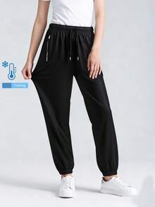 Women's Outdoor Pants With Drawstring Waist And Zipper Pockets, Suitable For Hiking, Office, Party And Other Occasions - Black - View 2