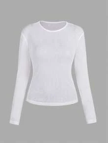 Y2K 弹力透视长袖圆领修身T恤 - 白色 - 查看 6