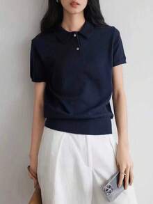 Damen marineblau einfarbiges Poloshirt mit kurzen Ärmeln, lässig und vielseitig, Wendepolokragen Sportliches Strickoberteil, Sommer - marineblau - Übersicht 3