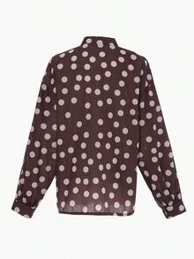 女士波点翻领长袖单排扣休闲宽松衬衫 - 咖啡棕 - 查看 4