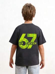 Tween Boy- Creative Green Number 67 Print T-Shirt, Suitable For Casual, Streetwear, School, Event Wear, Fashionable Boys Summer Top - Dark Grey - View 2