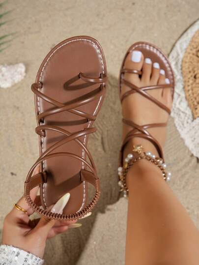 Sandalias planas de verano casuales para exteriores y vacaciones en la playa, con puntera redonda, ligeras y con tira elástica