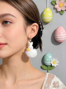 2对可爱复活节兔子毛绒球吊坠耳环，毛茸茸的兔子胡萝卜和睡兔耳环，手工制作，可爱日常派对度假礼物 - 彩色 - 查看 3