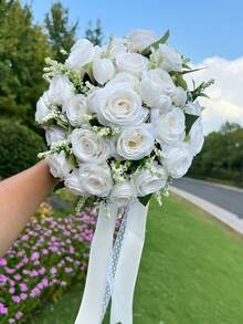 Bridal Wedding Bouquet With Heart-Shaped Diamond Ribbon Decor, Artificial Rose Flowers, Suitable For Destination Wedding Ceremony, Anniversary, Valentine's Day Decoration - Multicolor - View 3