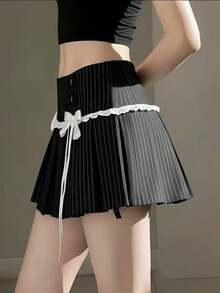 Chân váy ngắn xếp ly phối ren trắng kiểu dáng Pure Innocent First Love Style, cạp cao, đa năng, chống hở hang, màu đen. - màu đen - Xem 3
