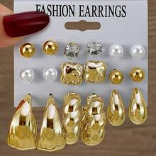 VKME 18件金属材质扭纹珍珠不对称卡片耳环套装，适合女士日常休闲百搭 - XH92825183 - 查看 14