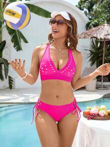Women's Bikini Set Two Piece Swimsuit Modest Bathing Suit Petal Hollow V Neck Top String Mid Rise Bottom - 玫紅色 - 查看 2