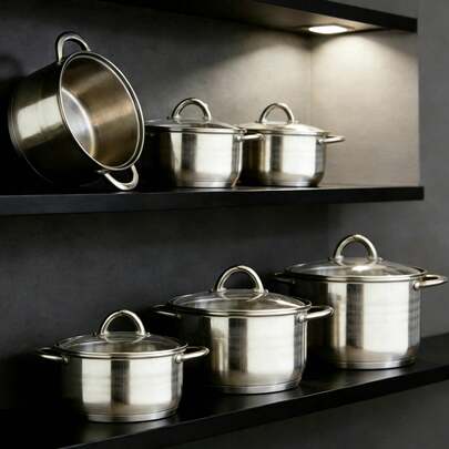 Hoogwaardige roestvrijstalen kookset met glazen deksels, inclusief koekenpan, antiaanbakpan, wok, steelpan, kookpot en soeppan. Corrosiebestendig, onmisbaar keukenaccessoire. Geschikt voor inductie-, gas- en elektrische fornuizen.