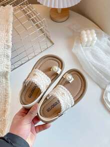 1 Pair Girls' Woven Pearl Thong Sandals, Soft Non-Slip Soles, Sweet Princess Style Children Sandals - Beige - View 7