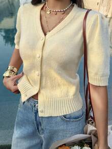 Live To Mo Summer Butter Yellow V-Neck Casual Knit Top, Perfect For Summer Holiday Outfits & Going Out Tops - Yellow - View 8