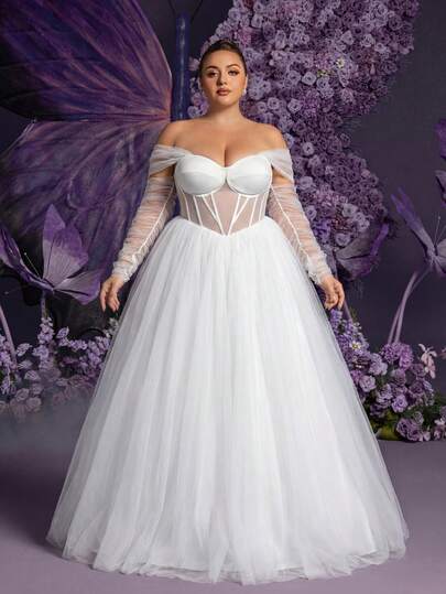 Faeriesty 加大码白色露肩长袖修身连衣裙，优雅蕾丝撞色网纱系带设计，适合派对、海滩、婚礼、摄影等场合。