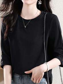 纽扣设计休闲中袖上衣，新款夏季时尚百搭圆领七分袖T恤，女士修身款 - 黑色 - 查看 2