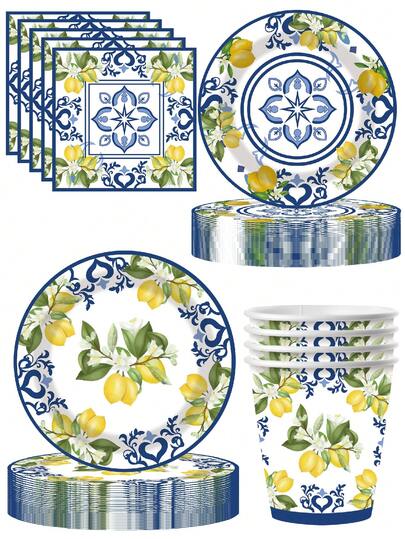 10pcs Celadon Lemon Fruit Theme Holiday Party Supplies Decoration Sports Holiday Celebration Birthday Party Banquet Tea Party Exquisite Craft Fashion Match Celadon Dinner Plate Paper Towel Cups