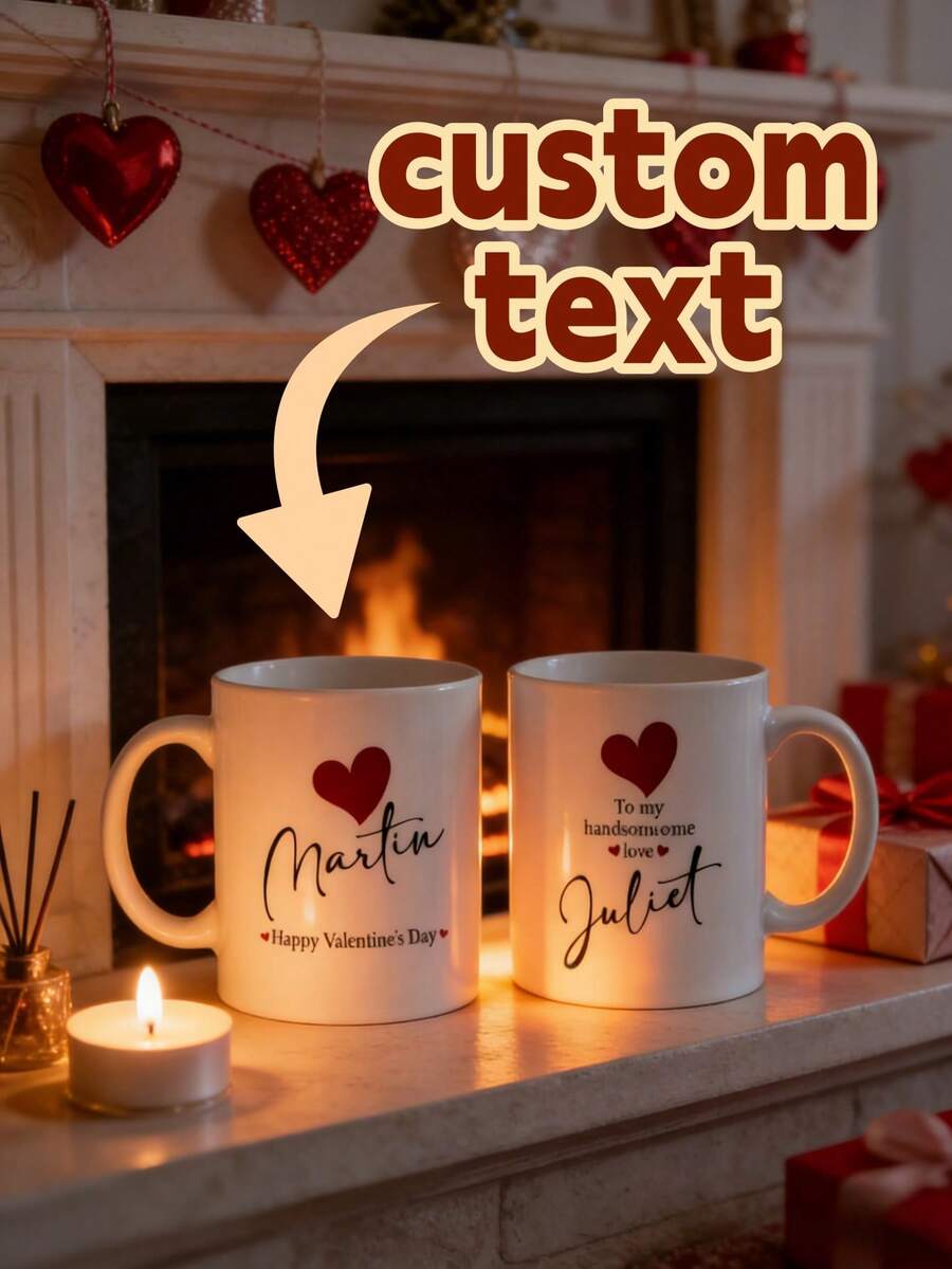 1Pc Custom Name Valentine's Day Mug – Personalized Text Heart Coffee Cup, Ceramic Custom Mug, Valentine's Day Gift, Perfect For Girlfriend, Boyfriend, Husband, Wife, Anniversary, Christmas, Coffee & Tea Time, Daily Use, Special Occasions - Multicolor - View 1