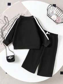 2pcs Baby Girls' Casual Loose Long Sleeve Sweatshirt + Long Pants Set, Medium-Weight, Spring/Autumn - Black - View 2