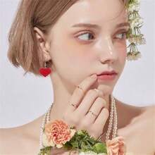 Red Heart Drop Earrings - CZ Red Heart - View 2