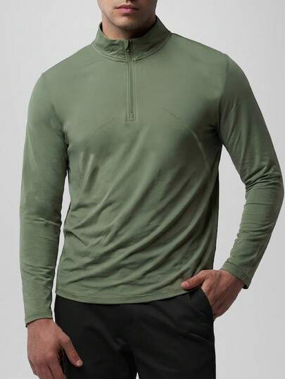 男士长袖T恤 休闲运动T恤 四向弹力 吸汗速干套头衫 轻盈亲肤 四分之一拉链修身款 纯色简约设计 运动性能 活力十足