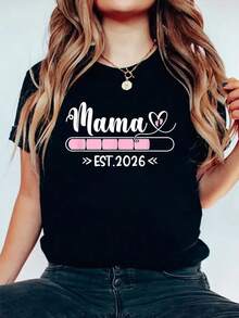 100% Cotton Mama Est. 2026 Pregnancy Announcement Mom T-Shirt Summer Tee Graphic Vintage Printed Casual Round Neck Tshirt Graphic Tees For Women - Black - View 1