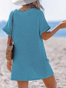 Summer Women's V-Neck Waffle Knit Dress Loose Short Sleeve Mini Dress With Pockets Casual Beach Cover-Up Dress Casual Split  Beach  Vacation - 青碧色 - 查看 2
