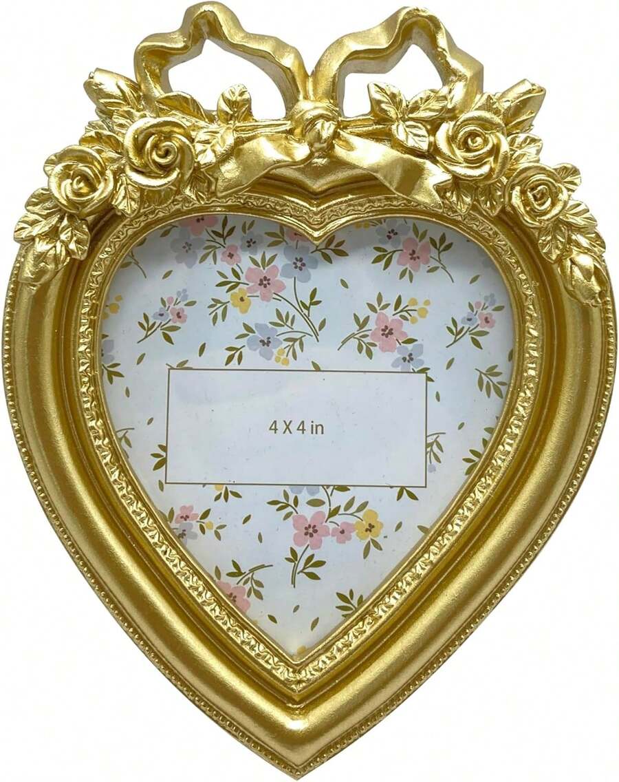 Heart Shaped Picture Frame, Vintage Style Resin Photo Frame, Antique Gold 4x4 Inch, Tabletop & Wall Decor - 金子 - 查看 1