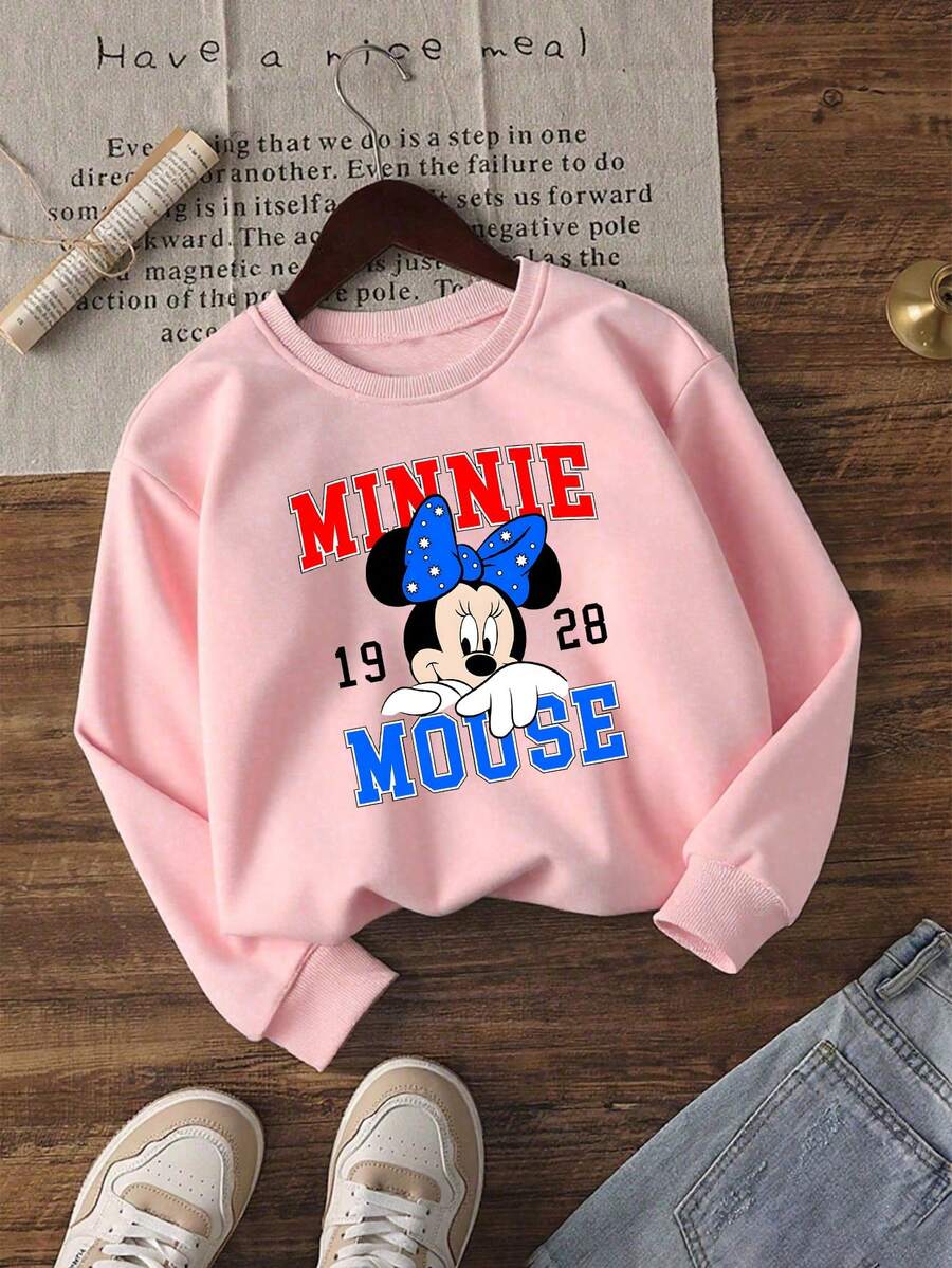 Disney 1 pieza Sudadera cuello redondo cálida de San Valentín para niñas: Estampado gráfico con lazo brillante "Ama como Jesús", excelente para uso diario y celebraciones del Día de San Valentín - Rosa - Ver 1