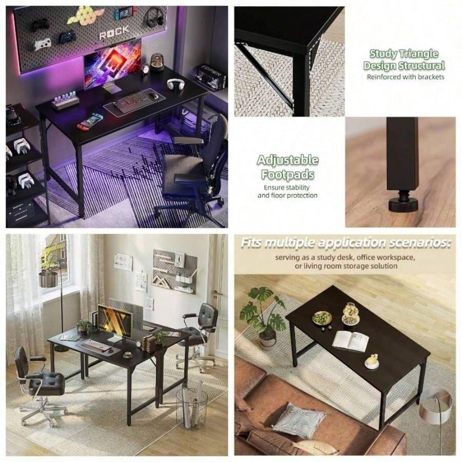 80 Computer Desk, Small Home Office Desk Study Writing Table Small Spaces, Simple PC Gaming Desk, Adjustable Feet, Black - 80 cm + Black - View 1
