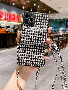 Luxury Houndstooth Pattern Phone Case With Card Slot & Detachable Strap, Multifunctional Houndstooth Lanyard Phone Case, Full Camera Protection Anti-Fall, Compatible With IPhone 11/12/13 Black & White Houndstooth Case With Strap, Compatible With IPhone 14/15/16/16 Pro Max Card Holder Phone Case, Compatible With IPhone 17/17 Pro/17 Pro Max Precise Cutout Lens Protection Case - Black and White - View 1