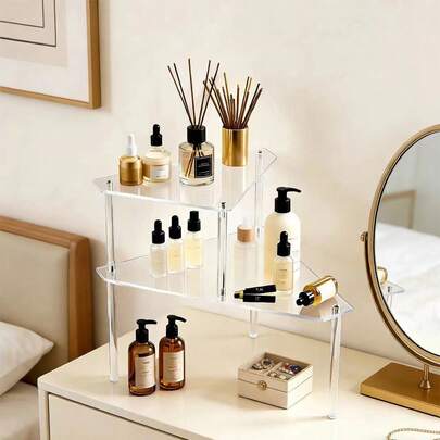 1个浴室梳妆台收纳架，适用于存放浴室用品、化妆品，双层转角架，梳妆台收纳整理架