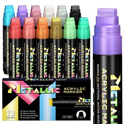3-IN-1 Versatile Markers, 3-15mm JUMBO Nib, Medium Fine, 1-12 Acrylic Paint Markers, Large Capacity, Long-Lasting, 12 Metallic Colors, Quick Drying, High Coverage, Suitable For Bold Doodles And Art Projects, Not A Toy For Infants