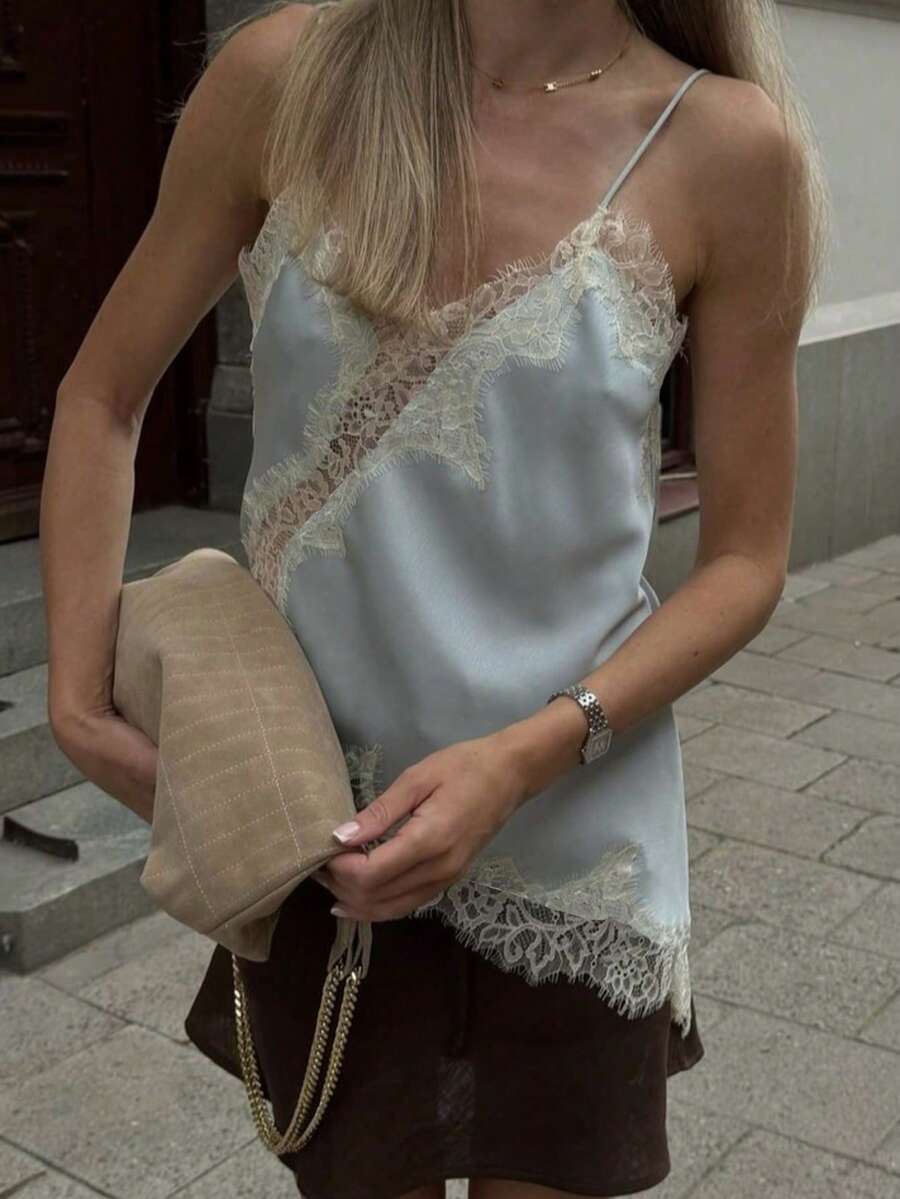 LEILEIBEI Spring/Summer New Women's Fashion European And American Style Lace Decor Sexy Camisole Top - Blue - View 1
