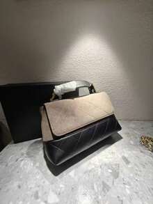 Two Tone Quilted Women's Crossbody Bag, Gray Black Suede Leather Wallet, Gold Hardware, 29x19.5x12 Cm - Gris y negro - Ver 2