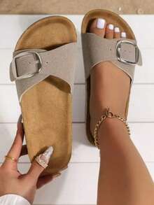 时尚扣软木凉鞋，沙滩风格平底拖鞋，休闲户外夏季男女通用 - 卡其色 - 查看 10