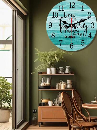 1pc 10"/12" Wooden Wall Clock With "Spend Time With Family" Slogan Design, Silent Movement, Suitable For Living Room, Bedroom, Room Decor, Home Decor, Kitchen, Office, Mother's Day, Back To School, Spring Decoration