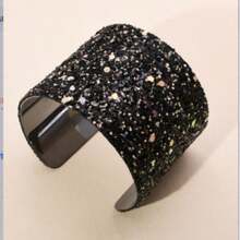 1pc Wholesale Exaggerated Sticker Sequin Metallic Bangle Bracelet, Super Shiny Alloy Wide Cuff Bracelet For Women - Black - View 6