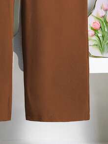 Left Mama 女童休闲褶皱长袖衬衫和直筒裤套装，春秋季 - 棕色 - 查看 7