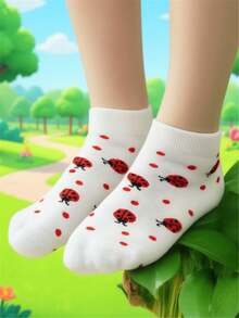 5 Pairs Women's Cute Ladybug Polka Dot Series Back To School Suitable For Daily Use Mid-Calf & Ankle Socks - White - View 9
