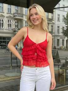Women's Summer Lace Camisoles Spaghetti Strap Stylish Layered Slit Front V Neck Tank Tops - 紅色 - 查看 3