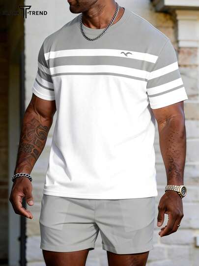 Men's Casual Colorblock Striped Short Sleeve T-Shirt, Summer
