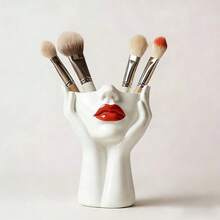 1pc Ins Style Abstract Minimalist Nordic Makeup Brush Holder With Face Rest Design, Desktop Storage Organizer Vase - White - View 2