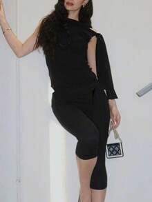 Women's Solid Color Asymmetric Shoulder Sleeveless Tie Top And Bottom Casual 2-Piece Set Black Summer - 咖啡 - 查看 10