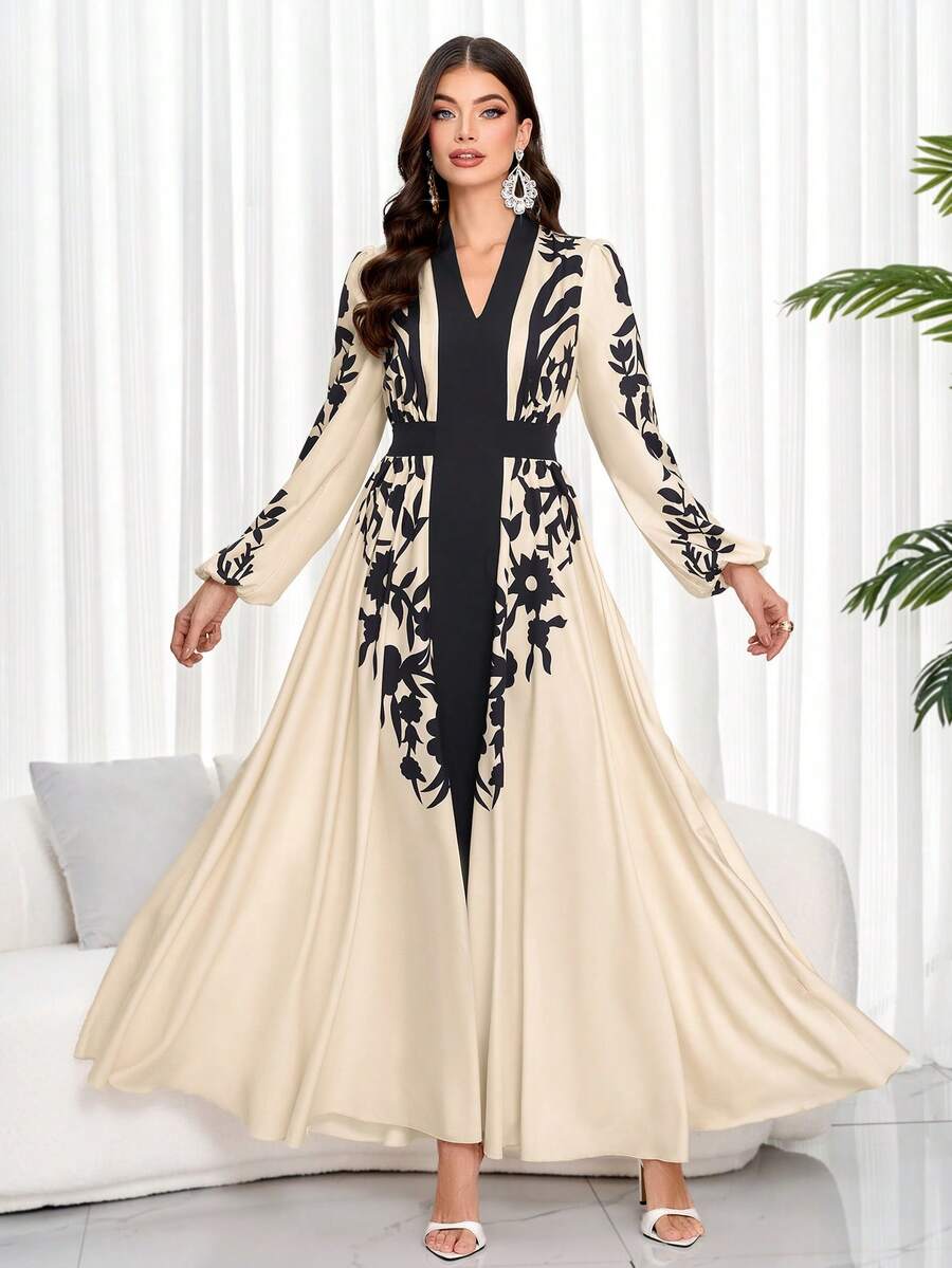 女士优雅碎花收腰连衣裙（随机印花） - 杏底黑花 - 查看 1