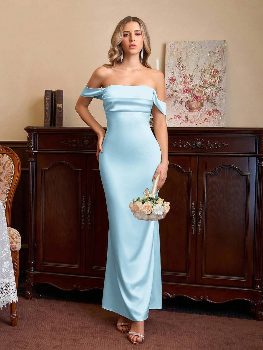 PARTHEA Off Shoulder Ruched Satin Elegant Dress Bridesmaid Dress - Blue - View 1
