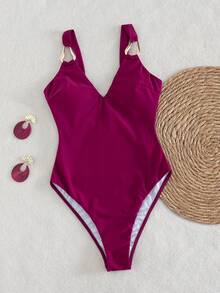 女士夏季新款连体泳衣比基尼，性感比基尼套装，纯色性感派对音乐节泳装，女士沙滩装，女士度假装，女士沙滩服饰，女士沙滩比基尼，夏季女士比基尼，优雅女士沙滩泳装，Y2K女士沙滩泳装，度假装，女士连体泳衣，女士泳装，优雅女士沙滩泳装，女士泳装，沙滩装，女士沙滩泳装，女士度假泳装 - 酒紅色 - 查看 2