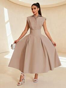 1 chiếc đầm không tay thanh lịch, màu kaki, thắt eo, thích hợp cho lễ Eid. - Màu Khaki - Xem 2