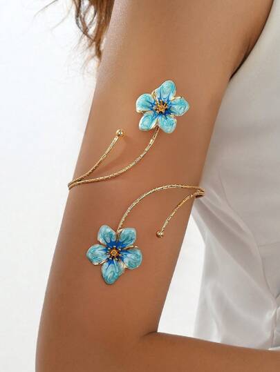 Punk Style Exaggerated Alloy Metal Multicolor Enamel Flower Bracelet, Fashion & Refreshing Summer Colorful Enamel Floral Arm Cuff, Suitable For Women's Daily Wear, Holidays, Mother's Day Gifts, Socializing, Parties, Beach, Vacation (The Floral Colors Are Handmade Enamel Glaze, So There May Be Color Bleeding, Staining, Or Color Transfer)