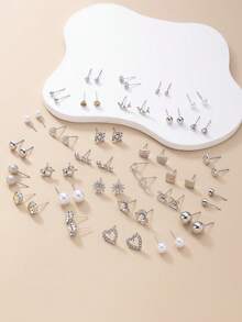 60pcs/Set Fashion Metal Butterfly, Heart, Rhinestone, Moon, Flower Stud Earrings Set, Holiday Gift For Women, Daily Wear - Silver - View 3